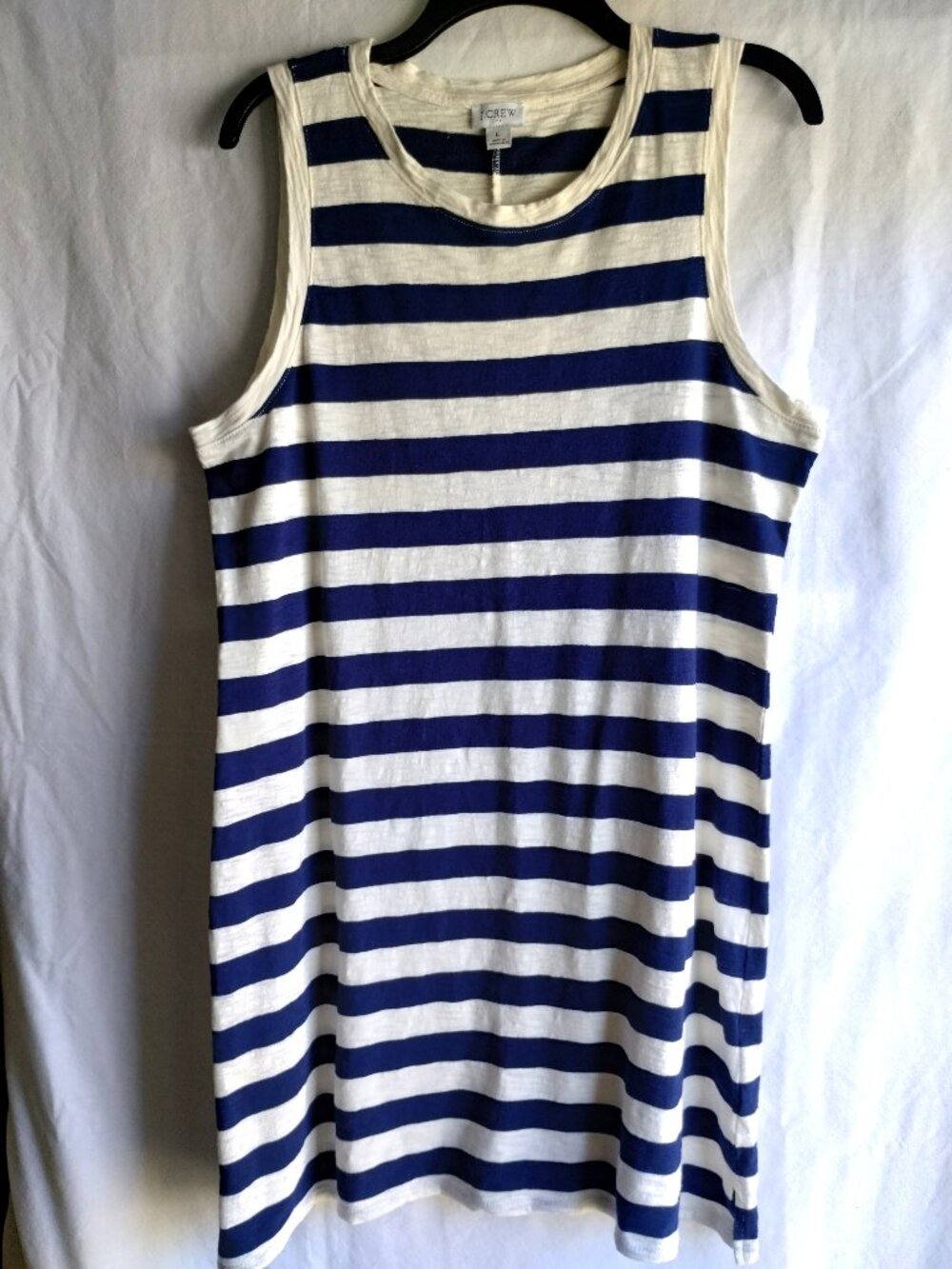 J.CREW Blue & White STRIPE Sleeveless SLUB Knit TANK DRESS Sz LARGE